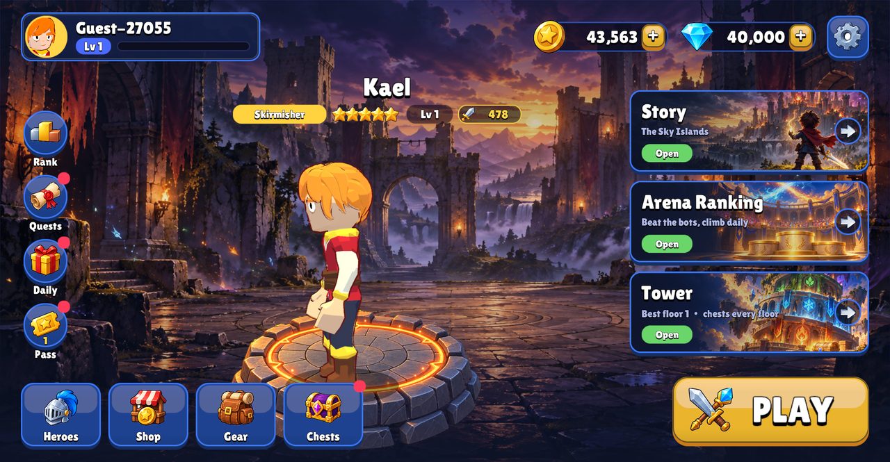 Home: the selected hero on the stage